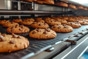 ai generado industrial producción línea de chocolate galletas viniendo fuera de el horno. generativo ai foto