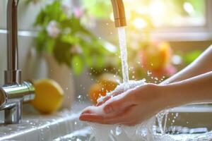 AI generated Woman washing hands under water tap in kitchen. Generative AI photo