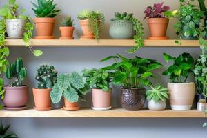 AI generated Shelf filled with potted plants. Home decor and tree lover concept. Generative AI photo