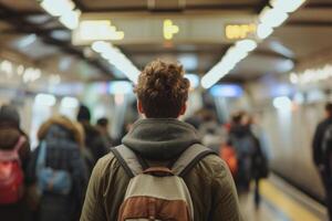 AI generated Back view of man standing at busy subway with blurred background. Generative AI photo