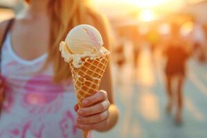 AI generated Woman holds ice cream in her hand in a waffle cone on blurred background. Generative AI photo