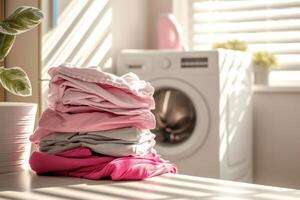 AI generated Dirty laundry piled up next to a washing machine. Spring cleaning concept. Generative AI photo