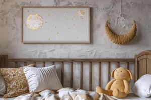 AI generated Cozy crib with decorative cushions standing in cute baby room with posters. Generative AI photo