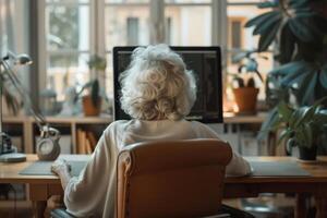 AI generated Back view of old lady sitting at computer. Generative AI photo