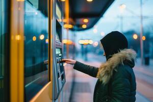 ai generado persona utilizando boleto máquina a el estación. comprando Entradas para público transporte. generativo ai foto