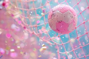 AI generated Pink soccer ball kicked into the goal net with sparkling confetti and glitter. Generative AI photo