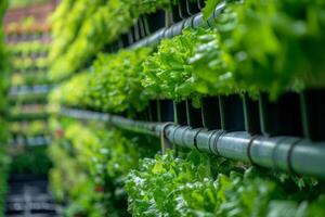 AI generated Vertical farming and hydroponics. Fresh organic vegetable grown using aquaponics farming. Generative AI photo