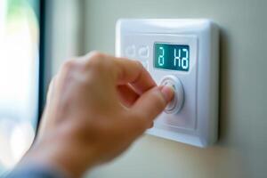 ai generado mano ajuste el temperatura en el termostato en moderno hogar. generativo ai foto