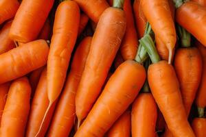 AI generated Texture background of fresh large organic orange carrots. Generative AI photo