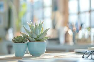 AI generated Workspace with a succulent plant. Generative AI photo