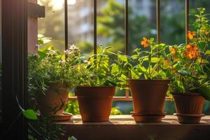 ai generado pequeño urbano balcón jardín con en conserva plantas. generativo ai foto