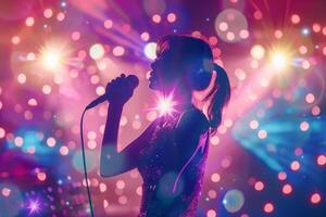 ai generado hembra cantante canto dentro un micrófono. vistoso bokeh luces en antecedentes. generativo ai foto