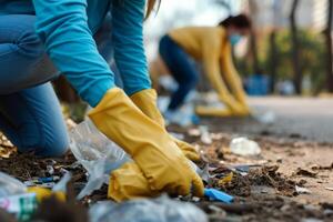 AI generated Closeup of volunteer group cleaning up litter in natural environments. Generative AI photo