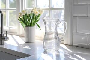 ai generado vaso licorera lleno con limpiar Bebiendo agua en un moderno cocina. generativo ai foto