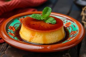 ai generado hecho en casa Flan con caramelo salsa. crema pudín en decorativo plato. generativo ai foto