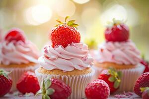 AI generated Strawberry cupcakes with cream cheese frosting. Generative AI photo