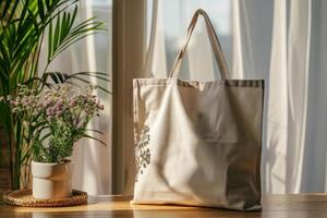 AI generated Blank canvas tote mockup on a table with a decorative plant. Generative AI photo