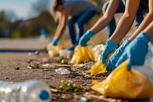 AI generated Closeup of volunteer group cleaning up litter in natural environments. Generative AI photo