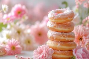 AI generated Stack of donuts with floral arrangements in the background. Generative AI photo