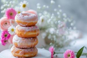 AI generated Stack of donuts with floral arrangements in the background. Generative AI photo