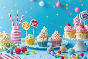 AI generated Sweets, flat lay, sweet food - macaroons, lollipops, candys, desserts on a blue background photo