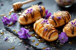 AI generated Eclairs drizzled with honey and garnished with candied violets. Generative AI photo