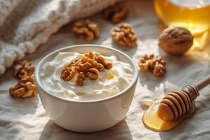 AI generated Greek yoghurt with honey and walnuts in a bowl. Healthy breakfast. Generative AI photo