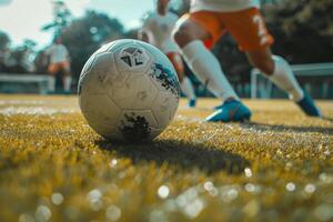 ai generado fútbol americano jugador con un pelota en acción. fútbol jugador patadas el pelota. generativo ai foto