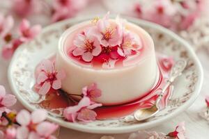 AI generated Panna cotta topped with a delicate cherry blossoms in syrup. Generative AI photo