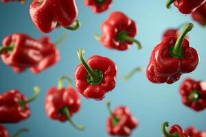 AI generated Ripe red peppers floating in the air. Generative AI photo