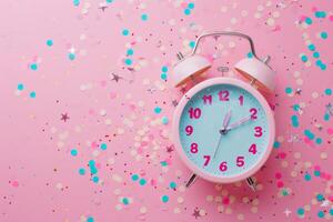 AI generated Alarm clock and confetti on pink background. Clock and party decorations. Generative AI photo