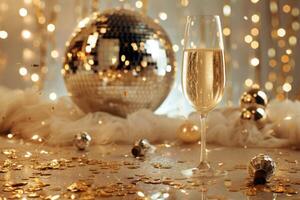 AI generated Festive party composition with glasses of champagne, confetti, gold decorations and disco ball. Generative AI photo