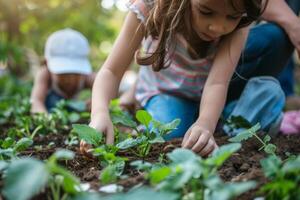 ai generado familia tendiendo a su urbano vegetal jardín juntos. generativo ai foto