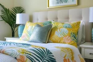 AI generated Bedroom accessories with tropical print. Tropical patterned bedding. Generative AI photo