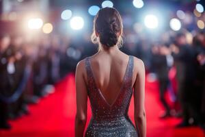 AI generated Back view of celebrity in shiny dress turning posing for photographers on red carpet. Generative AI photo