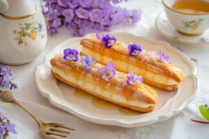 AI generated Eclairs drizzled with honey and garnished with candied violets. Generative AI photo