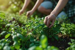 AI generated People picking herbs or veggies from a garden. Generative AI photo