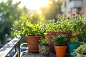 ai generado pequeño urbano balcón jardín con en conserva plantas. generativo ai foto
