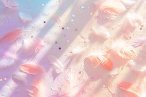 AI generated Soft pastel background with shiny sequins and feathers. Generative AI photo