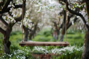 ai generado de madera columpio colgando desde un árbol en un floreciente jardín. generativo ai foto