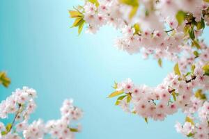 AI generated Spring banner with branches of blossoming cherry on blue sky background. Generative AI photo