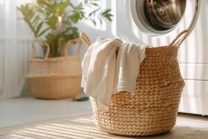 AI generated Wicker laundry basket with washing machine on the background. Generative AI photo