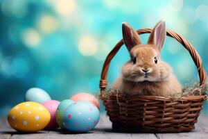 AI generated Generated image Festive Easter background with colored eggs and easter bunny in the basket on a blue backdrop. Card with a place for text. photo