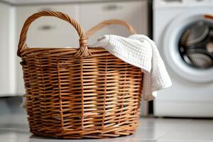 AI generated Wicker laundry basket with washing machine on the background. Generative AI photo