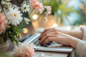 AI generated Side view of woman's hands typing on a laptop. Generative AI photo