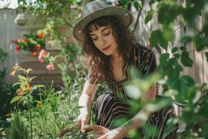 AI generated Woman gardening plants on her backyard. Generative AI photo