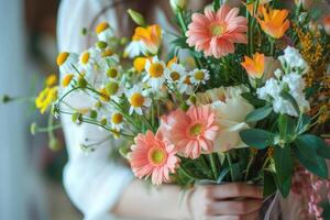 AI generated Florist holds a bouquet with fresh spring flowers. Generative AI photo
