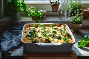 AI generated Creamy chicken and broccoli bake in a casserole dish. Generative AI photo