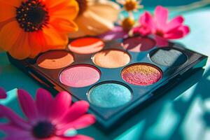 AI generated Spring themed bright eyeshadow palette on a trendy vibrant background. Makeup cosmetics. Generative AI photo