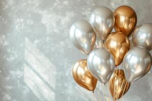 AI generated Golden and silver balloons. Festive background. Generative AI photo